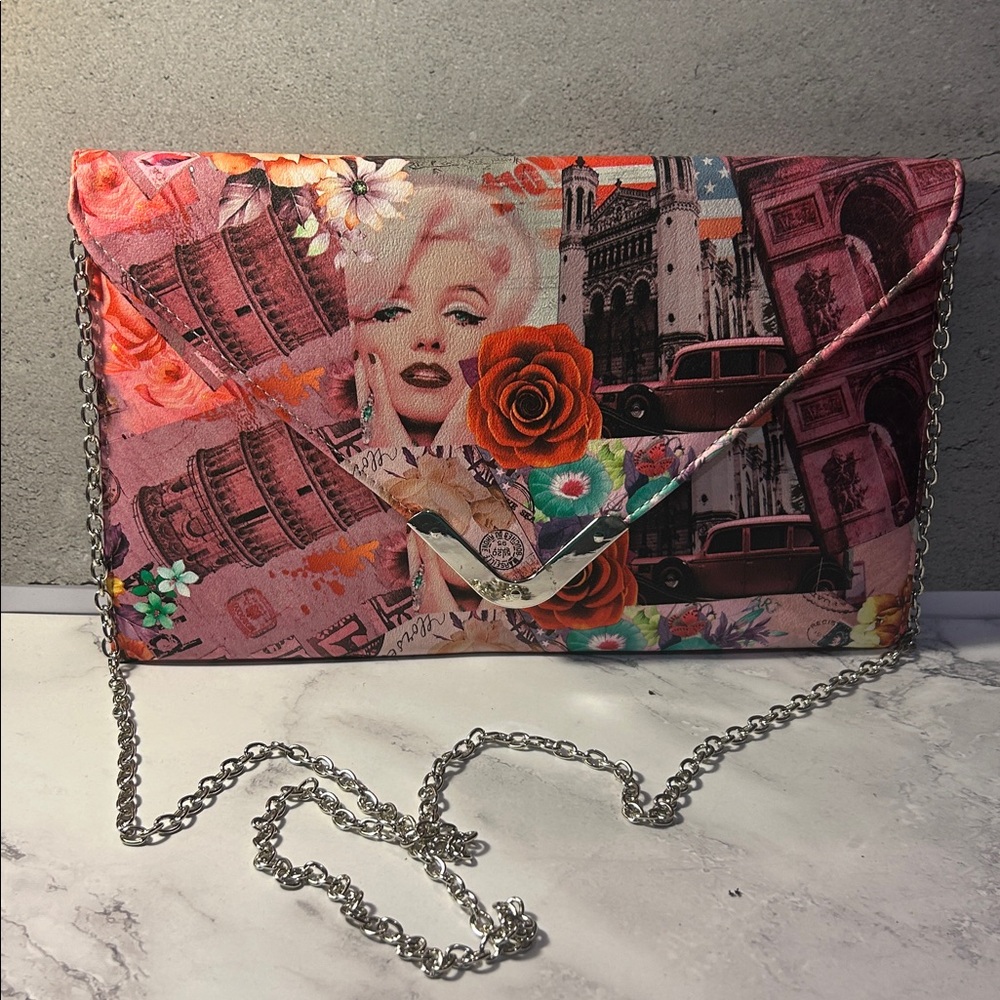 Pink Patterned Women's Bag with chain strap.
